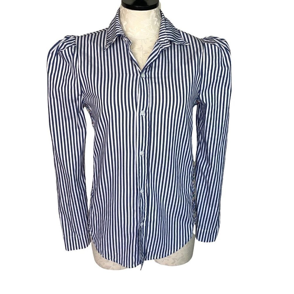 Greyson Womens Button Down Shirt Size Small Blue White Striped Smocked Stitching